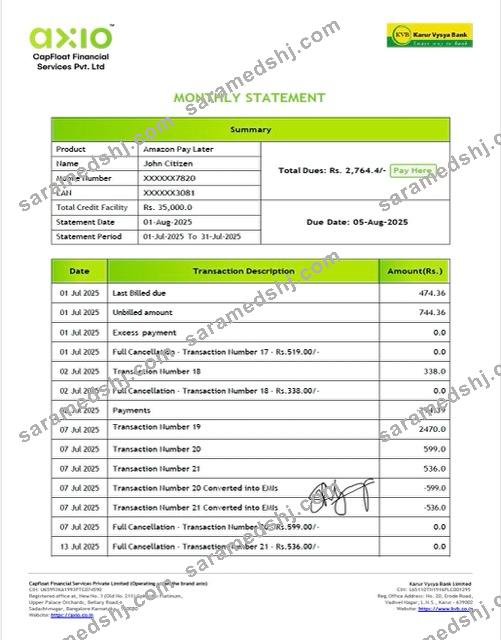 India Karur Vysya Bank account statement Word and PDF template, version 2